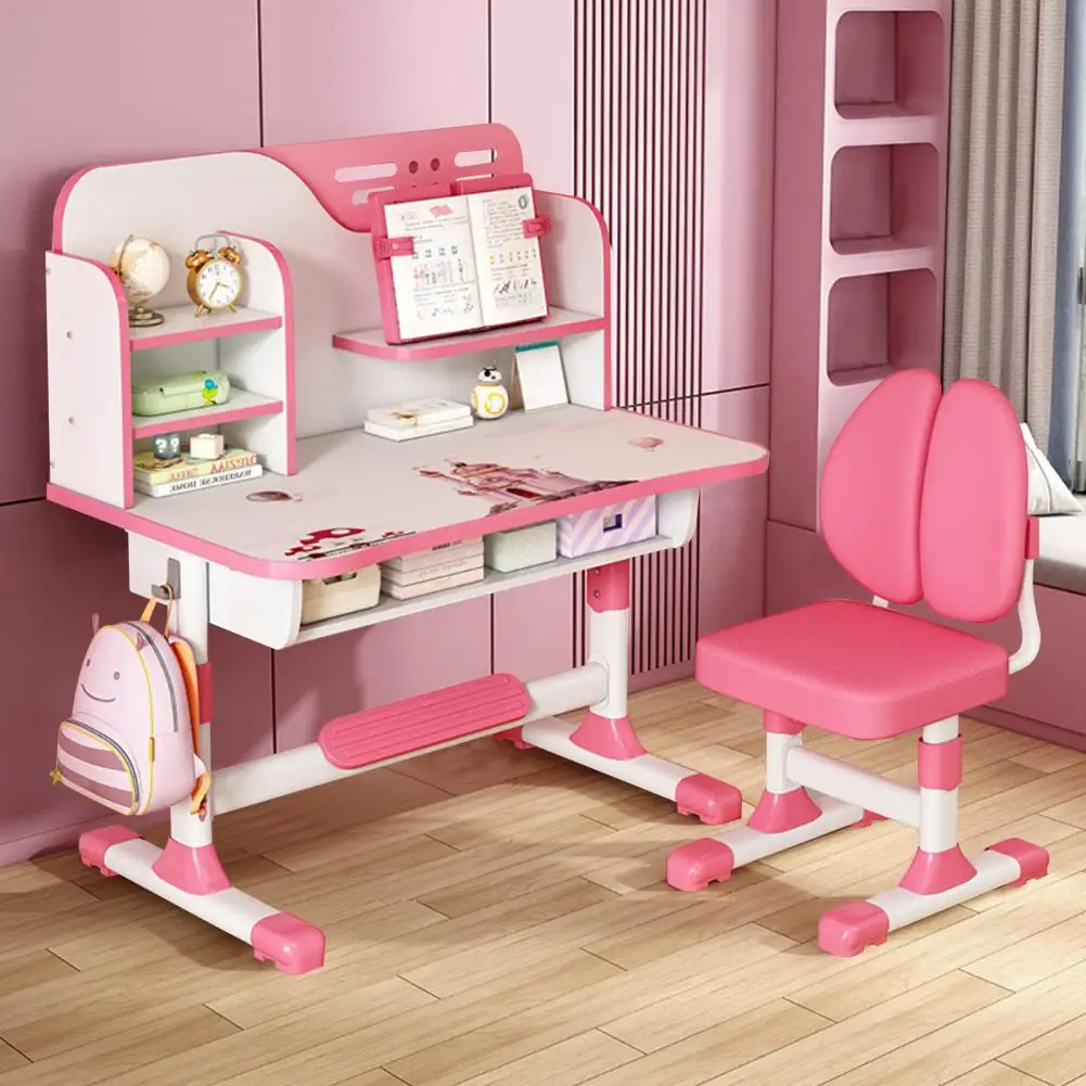 Pink Height Adjustable Children's School Study Table and Chair Set with Castle Back, Wider Desktop, Bookshelf and Storage Drawe