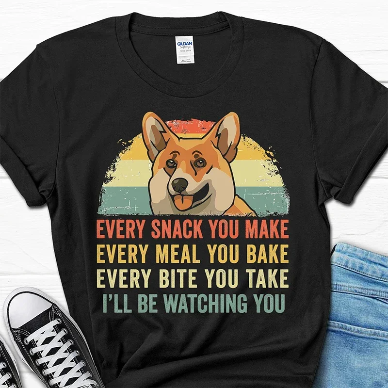 Summer Corgi Funny WomenT-Shirt Short Sleeve Tee Clothing Casual Hip Hop Streetwear I’ll Be Watching You Corgi Fashion Tees Tops