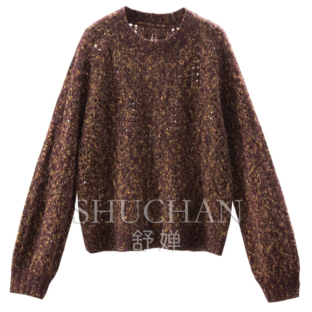340g Warm Magic Healing Flower Yarn Micro-hollow 100% Cashmere Crew Neck Sweater Women's 76J4