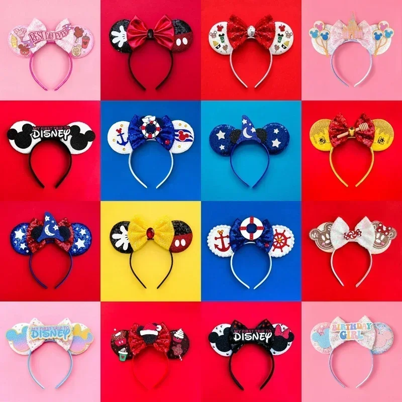 Disney Minnie Mouse Ears Headbands Girls Pearl Mickey Hair Accessories For Women Pixar Anime Headwear Kids Bow Sequins Hairbands