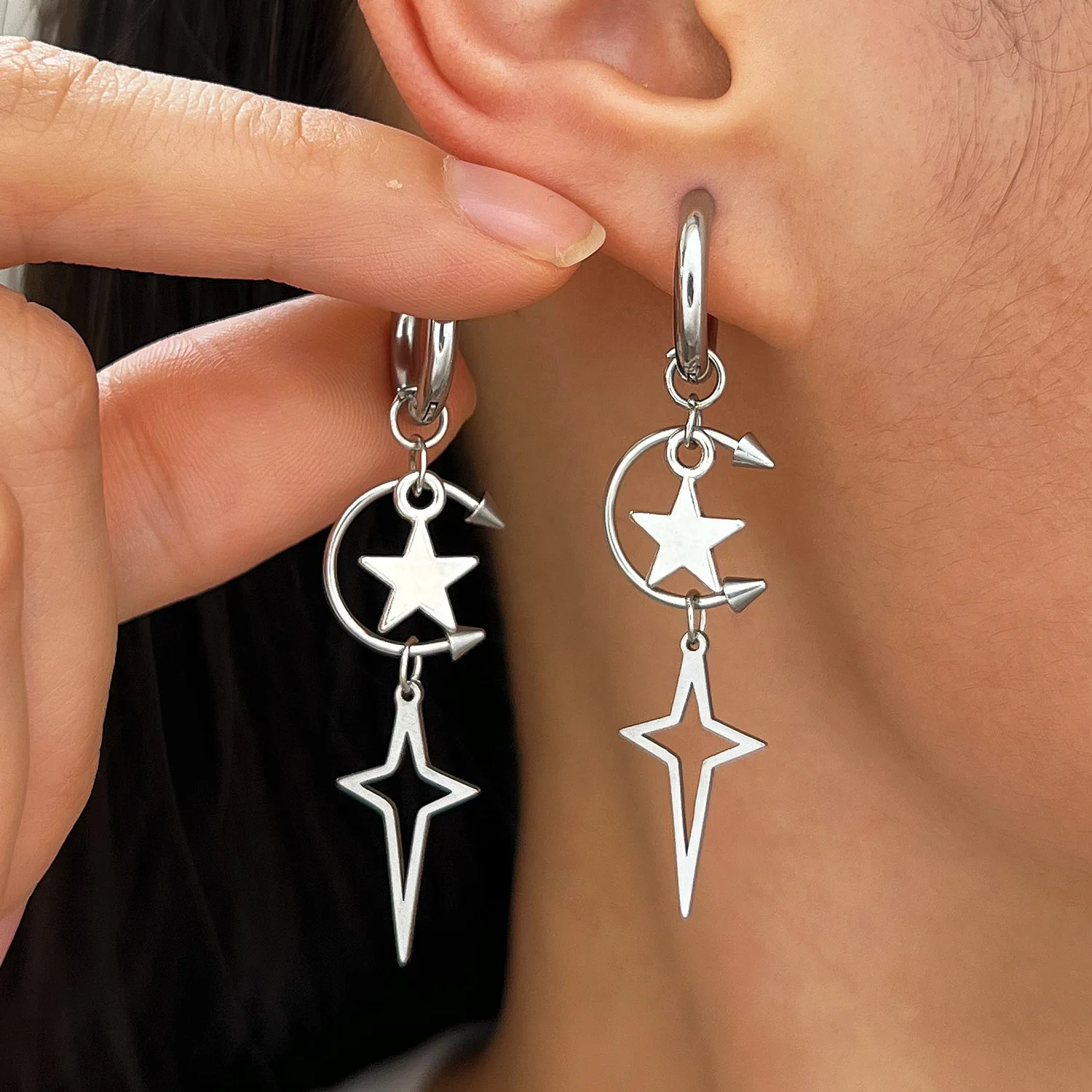 Female Punk Style Starlight Earrings Women Rock Hippie Fashion Jewelry Girl's Star Spikes Heart Charm Gothic Earhook Ear Pendant