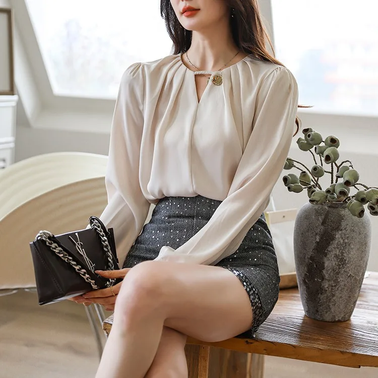 

Pleated Round Neck Satin Long Sleeve Shirt Loose Top White Women's Shirts Female Chic Blouse Tops Woman 2025 Cardigan Lady Y2k