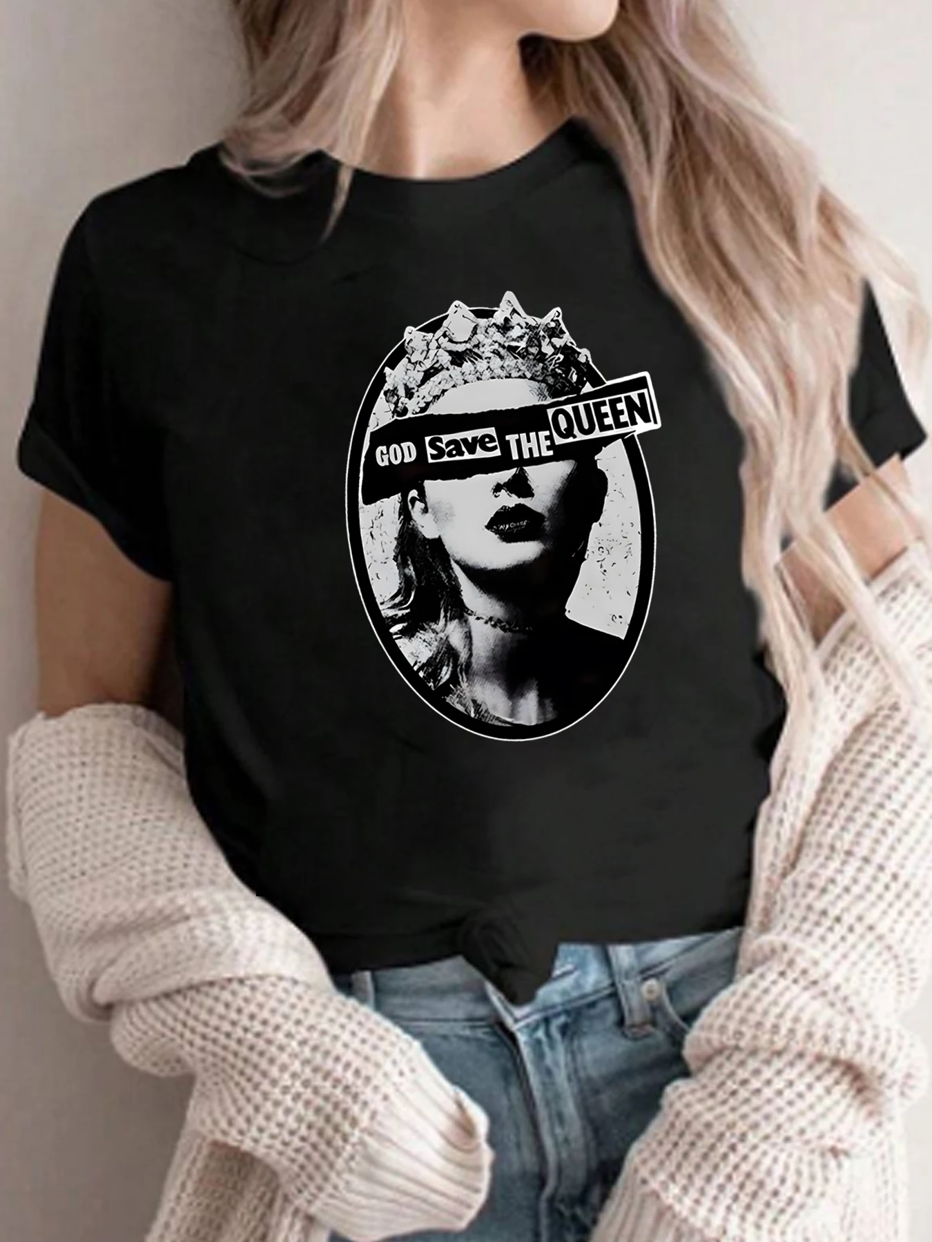 

GOD SAVE THE QUEEN letters and black-and-white ladies head patterns summer ladies short-sleeved Plus size T-shirts fashion tops