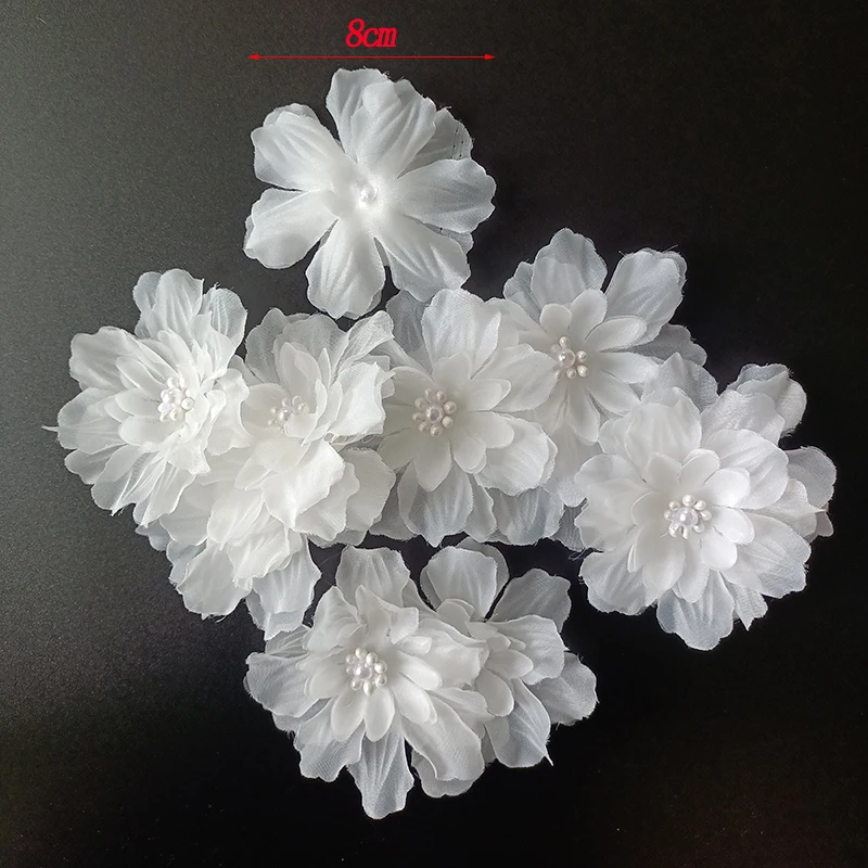 30Pcs Sequined Lace 3D White Flower Patches 8cm Appliqued DIY Craft Sewing Sew-On Wedding Dress Women\'s Party Clothes Decoration