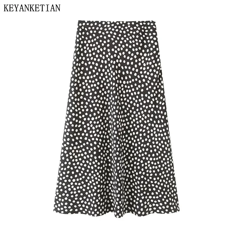 

KEYANKETIAN 2024 New Launch Women's Polka Dot Print Skirt French Style Side Zipper High-waisted Slim Elegant Long A-line Skirt