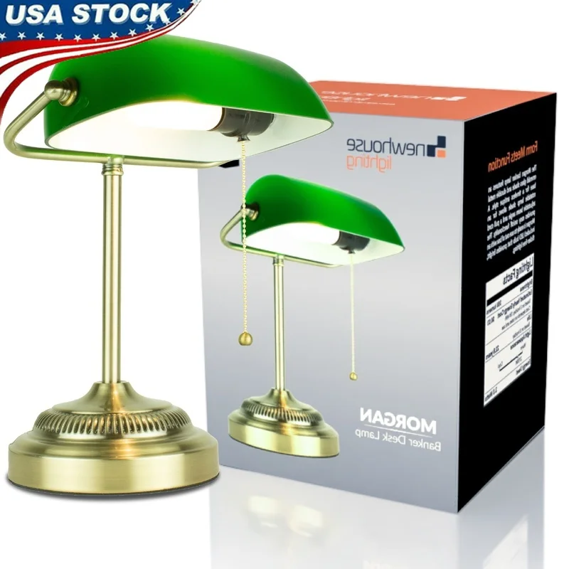 

Adjustable LED Bankers Desk Lamp with Antique Green Shade Energy Efficient Pull Cord Soft Light Office Bedroom Study