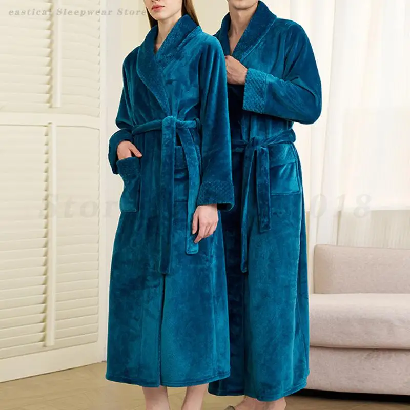 

Autumn Winter Coral Fleece Long Robe Men Simple Loose Flannel Nightgown Women Warm Bathrobes Lingerie Couple Sleepwear Home Wear