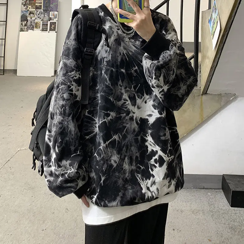 High Street Tie Dye Loose Hoodies Spring Autumn New Long Sleeve O-neck Korean Plus Size Pullovers Top Casual Fashion Men Clothes