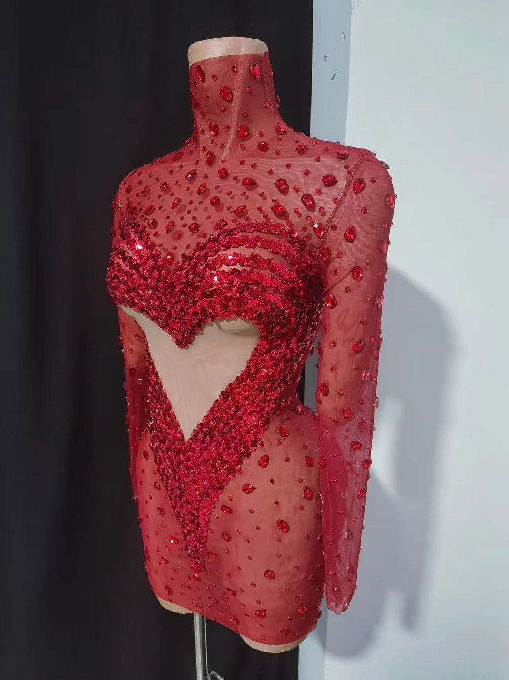 Sparkly Red Rhinestones Heart Sharp Birthday Celebrate Short Dress Women Sexy Mesh Transparent Photo Shoot Wear Stage Costume