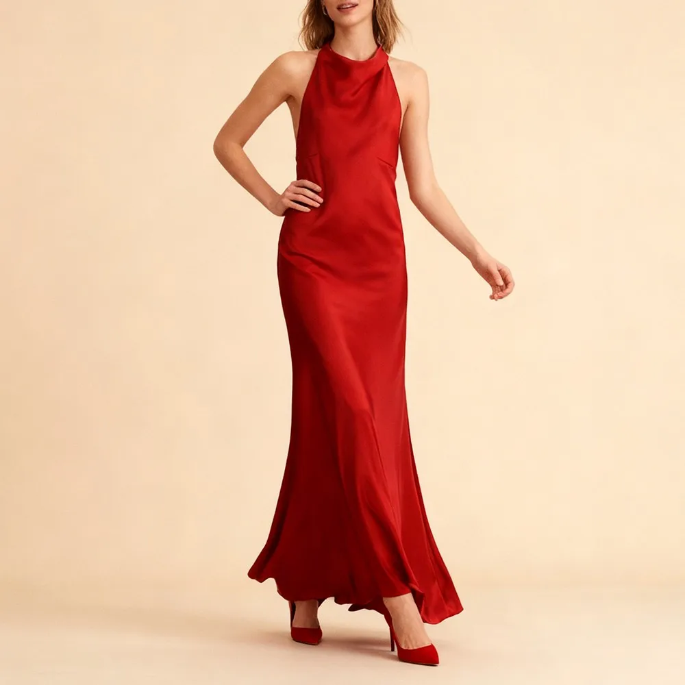 DEUX TWINSTYLE Dos Nu À La Mode Robe De Soirée Pour Femmes Halter Cou Sans Manches Taille Haute Rouge Sexy Satin Longues Robes Femme Nouveau