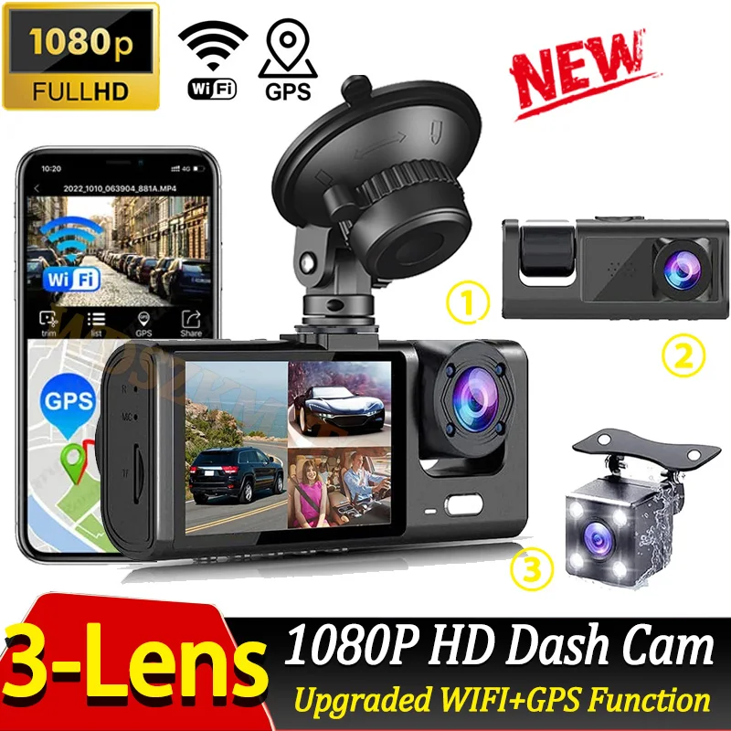 New 1080P Dash Cam for Cars GPS 3 Channel Recorder Video WIFI Dual Len Dashcam Car Dvr Front Rear View Camera Car Assecories