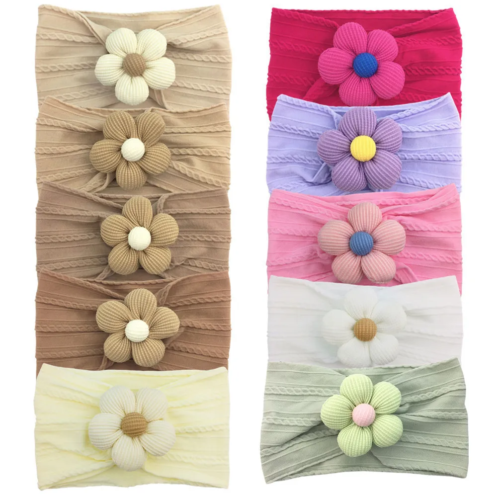 

150pcs Wholesale Mica Series Baby Jacquard Nylon Headband European And American Soft Elastic Headband With Cotton Five-petal Flo