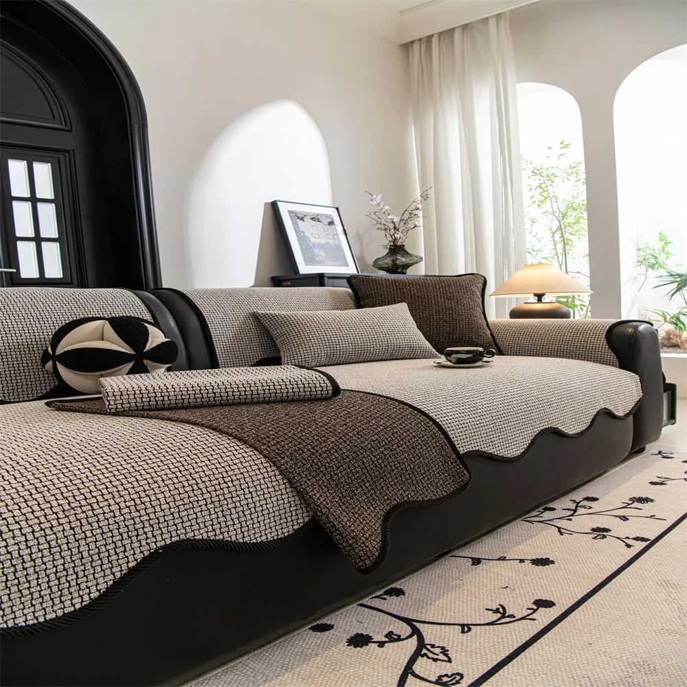 Retro Chenille Sofa Cushion Cover Universal Non-Slip Fixed Straight Row All-Seasons Slipcover for Home Comfort