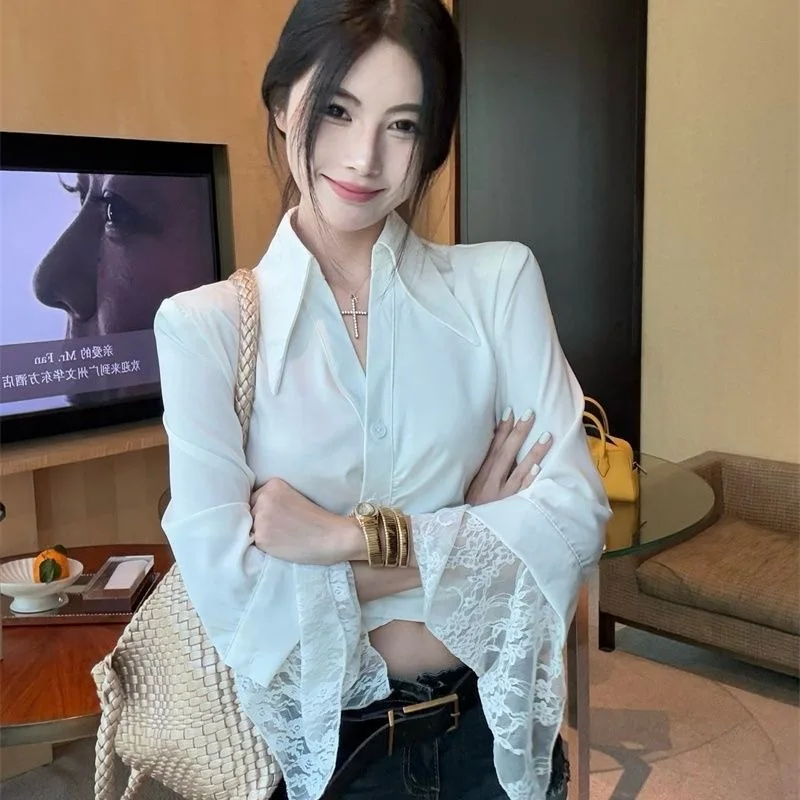 

White Silk irt Women's Slim Fit Sexy Lace Flared Sve Top Commute Sle Regular Sve Long Sve Collar ort...