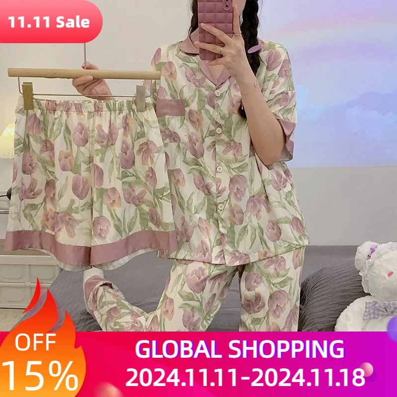 

Pink Silk Striped Summer Dorm Pajamas Homewear Fashion Simple Solid Color Soft Flower 3Pcs