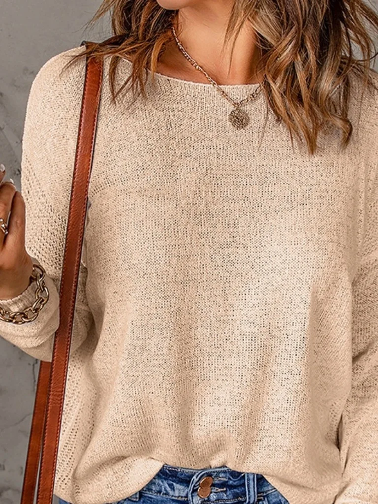 

Versatile Casual Long Sve round Ne Sweater Polyester Fiber Warmth Heating Pure Color Commute Sle Women's Knitwear