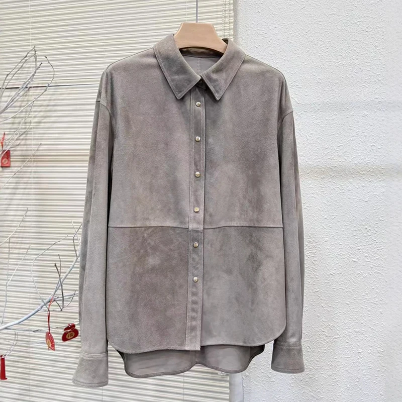 Echt Suède Jas Lente Herfst Mode Eenvoudige Casual Single Breasted Grijs/Koffie Schapenvacht Lange Mouwen Shirt Jas Vrouwelijke