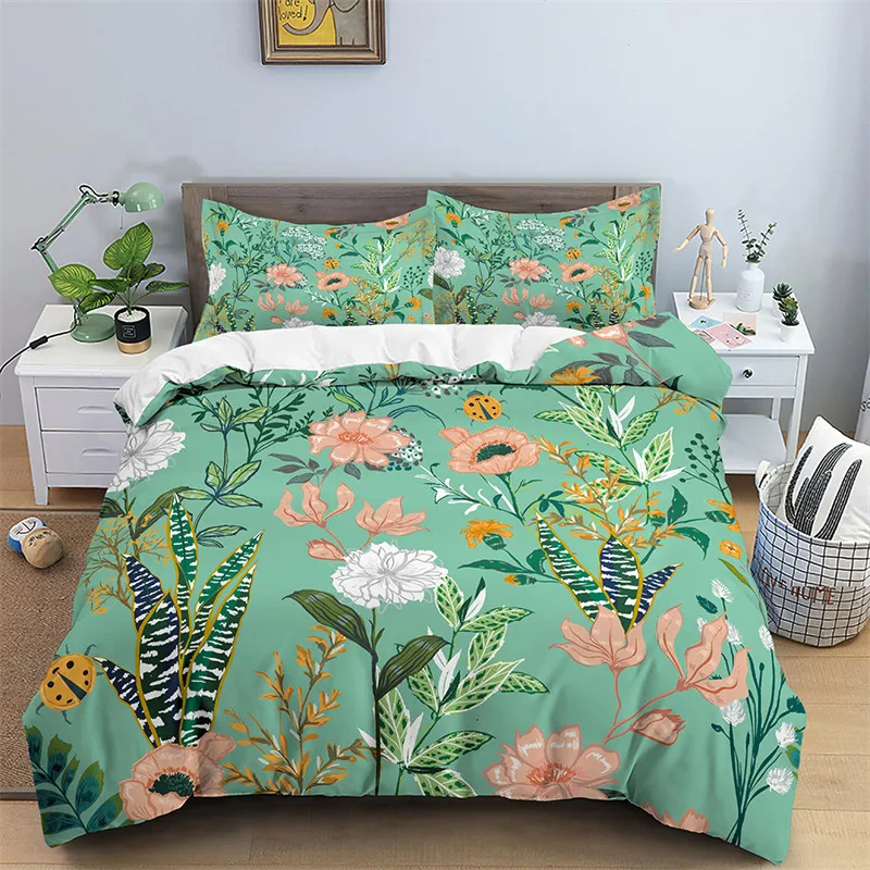 Floral Duvet Cover Microfiber 2/3pcs Queen Daisy Bedding Set Leaves Plant Print Soft Breathable Quilt Cover With Zipper Closure