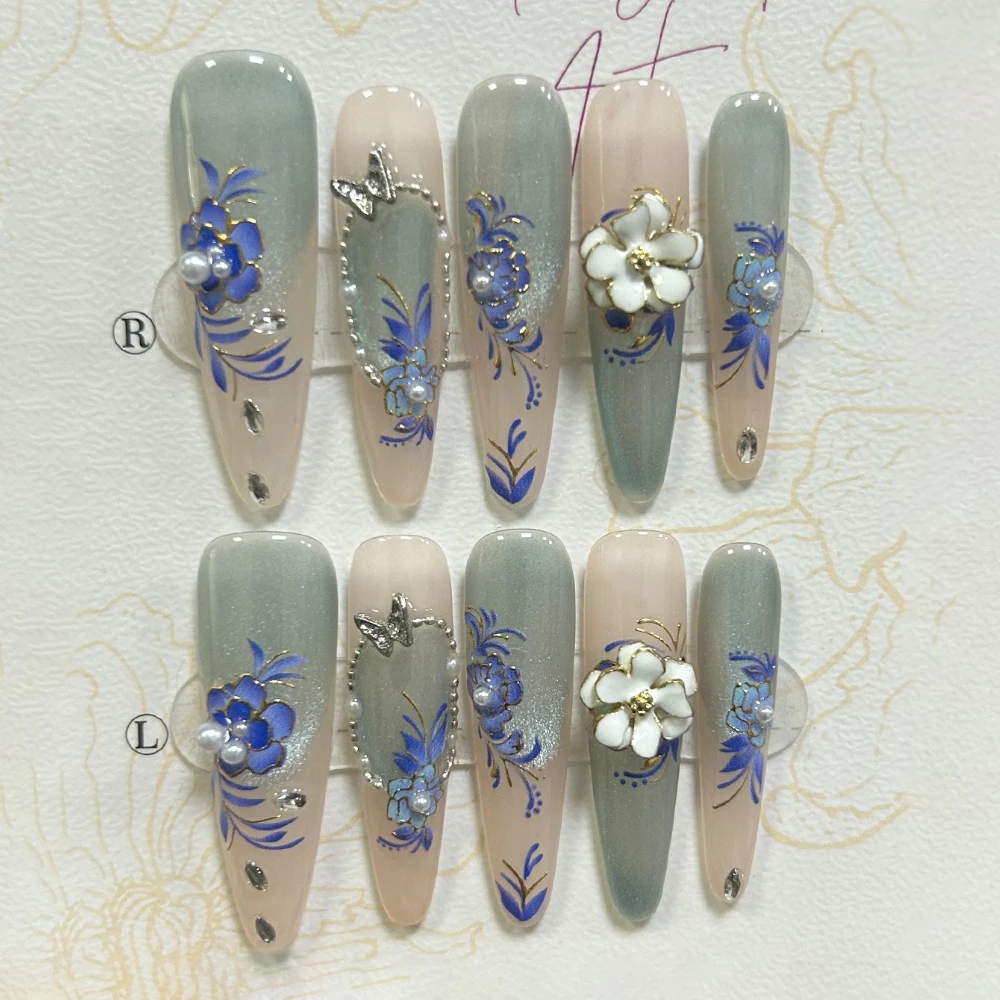 10 piezas de Ojo de Gato azul hielo, flores delicadas, prensa hecha a mano en las uñas, gradiente de perla, Celadon, uñas postizas, removibles y reutilizables