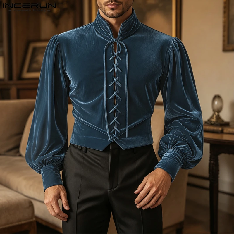 INCERUN Men's Shirt Velour Solid Color Stand Collar Long Sleeve Lace Up Men Clothes Streetwear 2026 Vintage Casual Tops For Man
