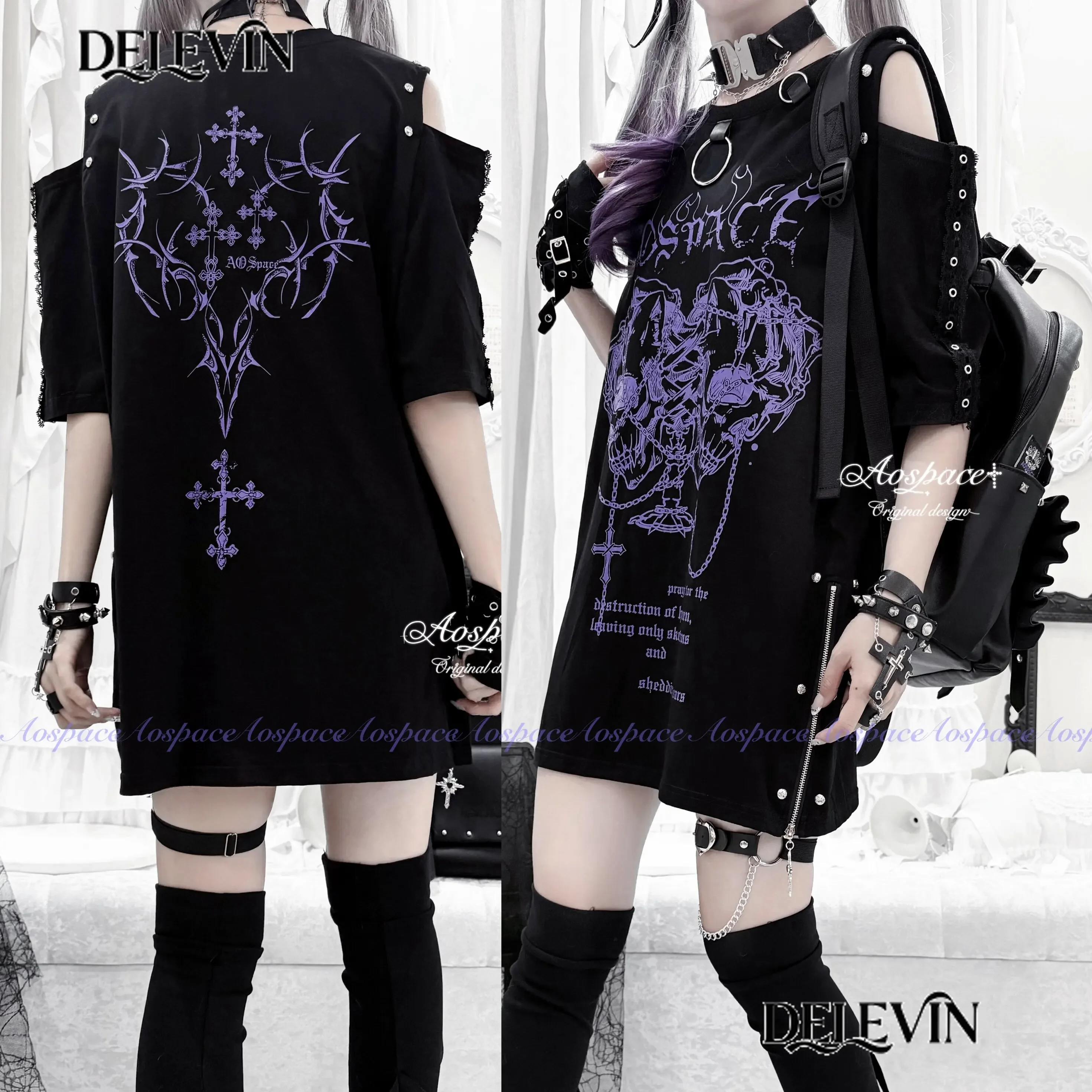 Original Subculture Gothic Dark Short-sleeved T-shirt Top Y2k Women Summer  New Street Cool Loose Print Chain Black T Shirt