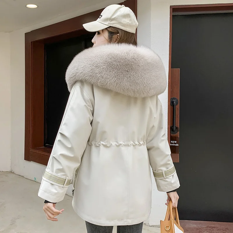 Jacket Winter 2023 Women Fashion Real Fur Coat Natural Fox Fur Collar Loose Detachable Rex Rabbit Fur Liner Parkas Outerwear