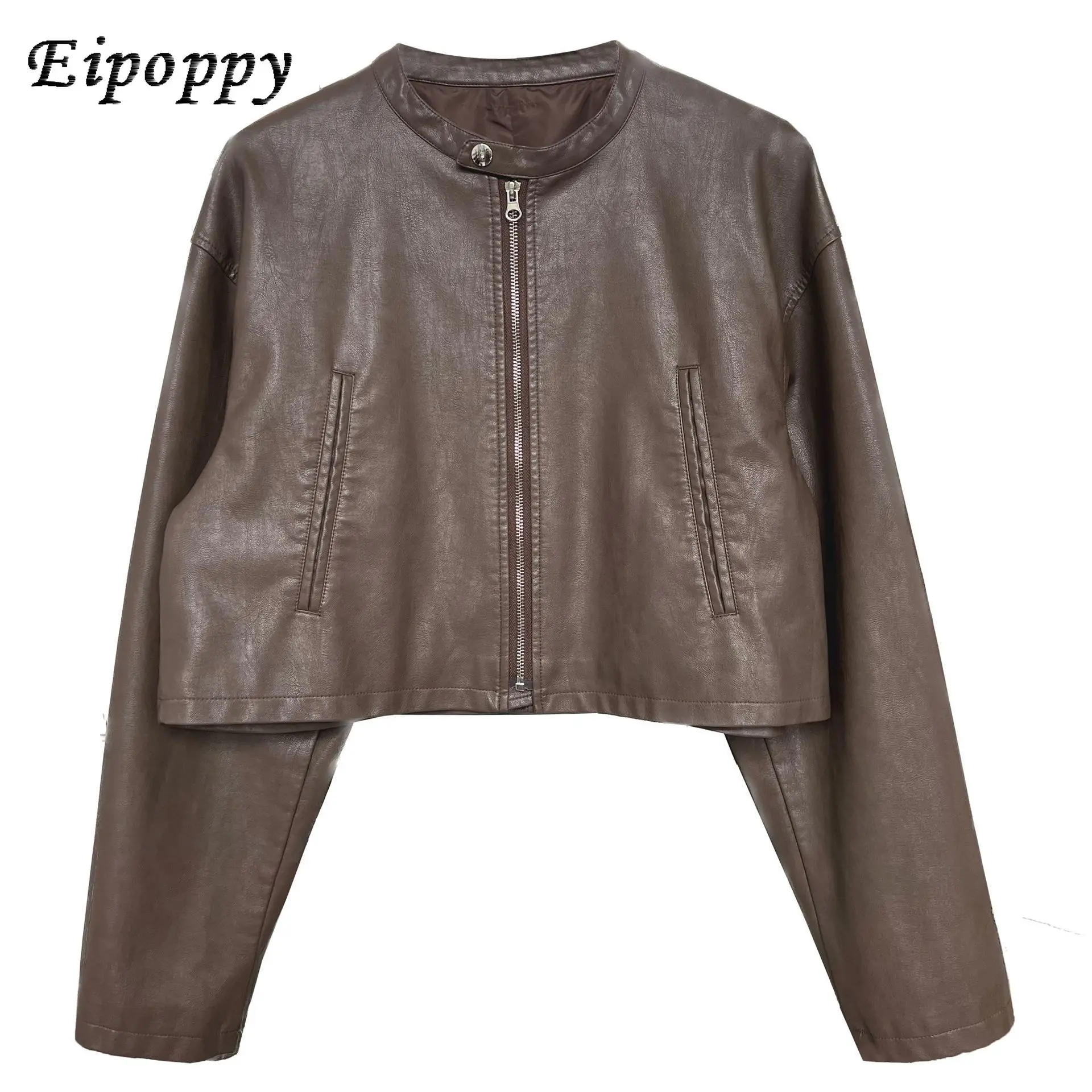 Casaco de couro curto com zíper vintage com gola, roupas para motocicletas, jaqueta