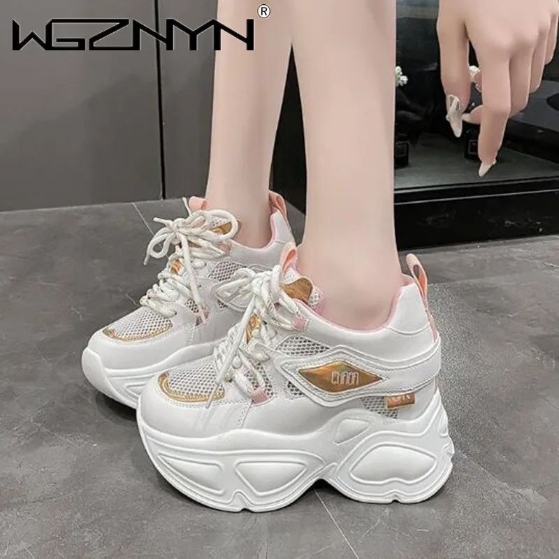 

Fashion Air Mesh Genuine PU Leather Sneakers Vulcanize Shoes Flats Booties Breathable Autumn Women Chunky Sneaker Comfy Shoes