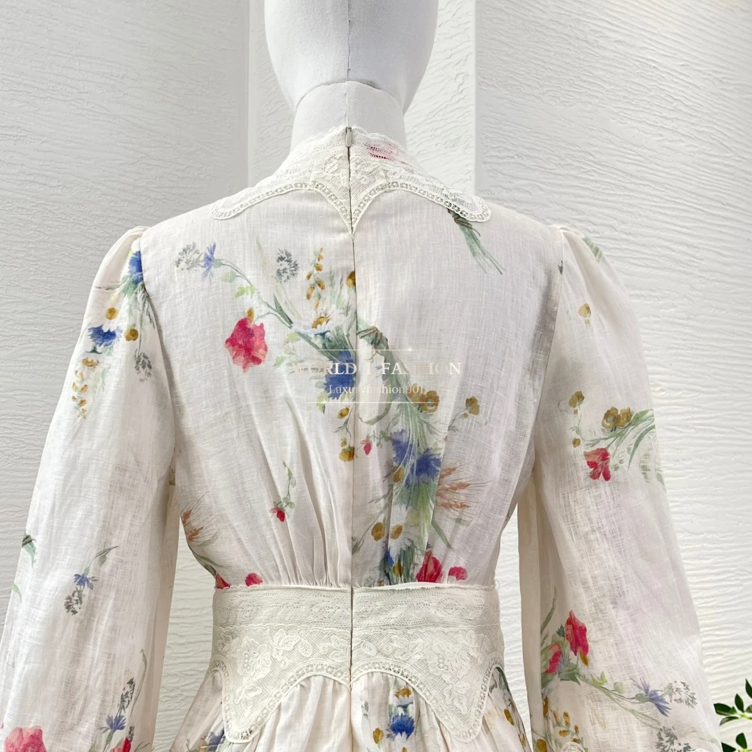 Holiday Beach Style Series White Elegant Floral Print Full Lantern Sleeve Linen Women High Quality Midi Dresses