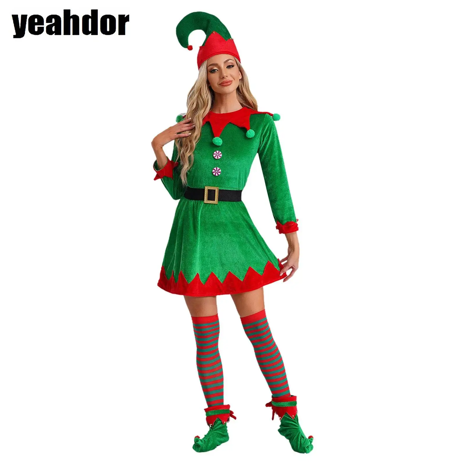 

Women Christmas Elf Costumes Santa Claus Suit Flannel/Velvet Dress with Belt Hat Stockings Shoes Halloween Cosplay Green Elves