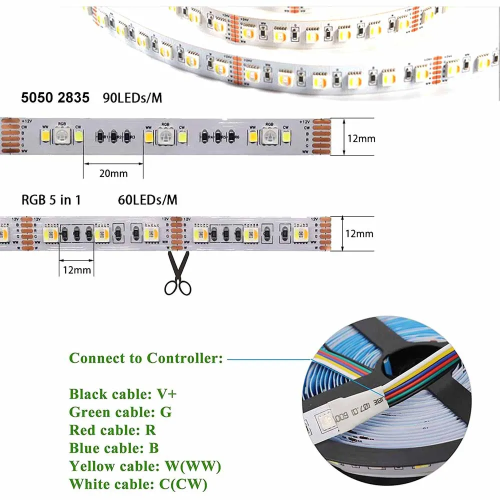 5M 10M 15M 20M DC24V ZIGBEE 3.0 Controller Smart 5050 5in1 RGBCCT RGB+W+CW LED Strip Band Light For Smartthings Echo Plus Z2mqtt