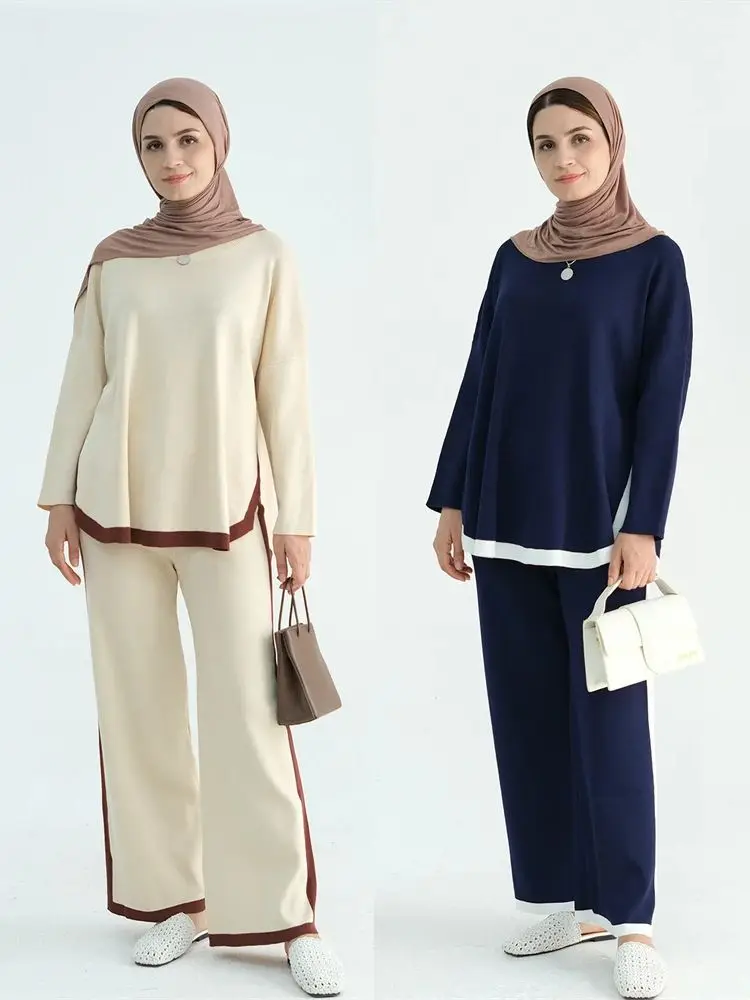 Ramadan Knitted Sweater Plain 2 Piece Abaya Set Tops Pant Modest Muslim Set For Women Islam Caftan Robe Femme Musulmane Kaftan