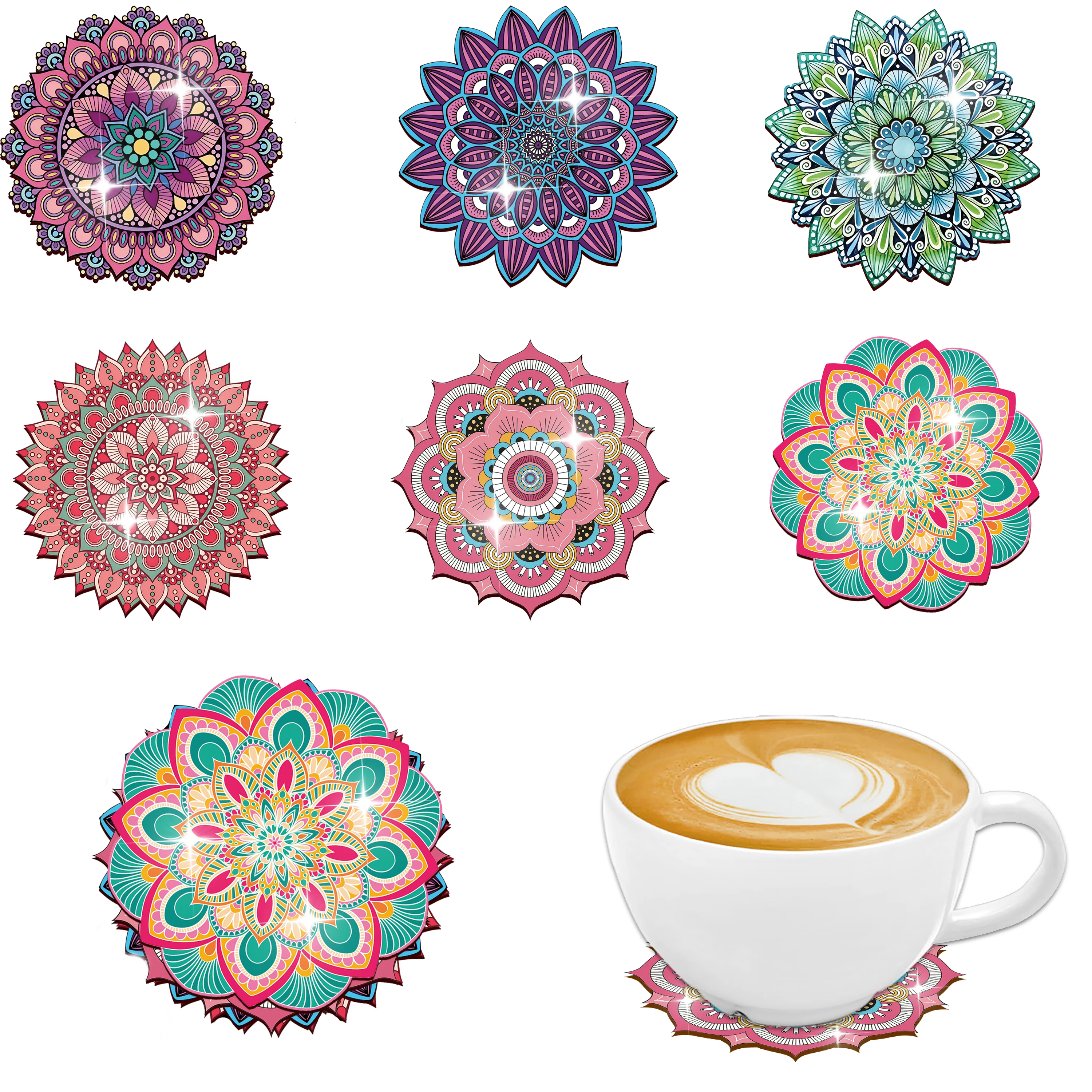 A set of 6-piece wooden coasters with colorful mandala flower patterns is suitable for Thanksgiving and Christmas gifts