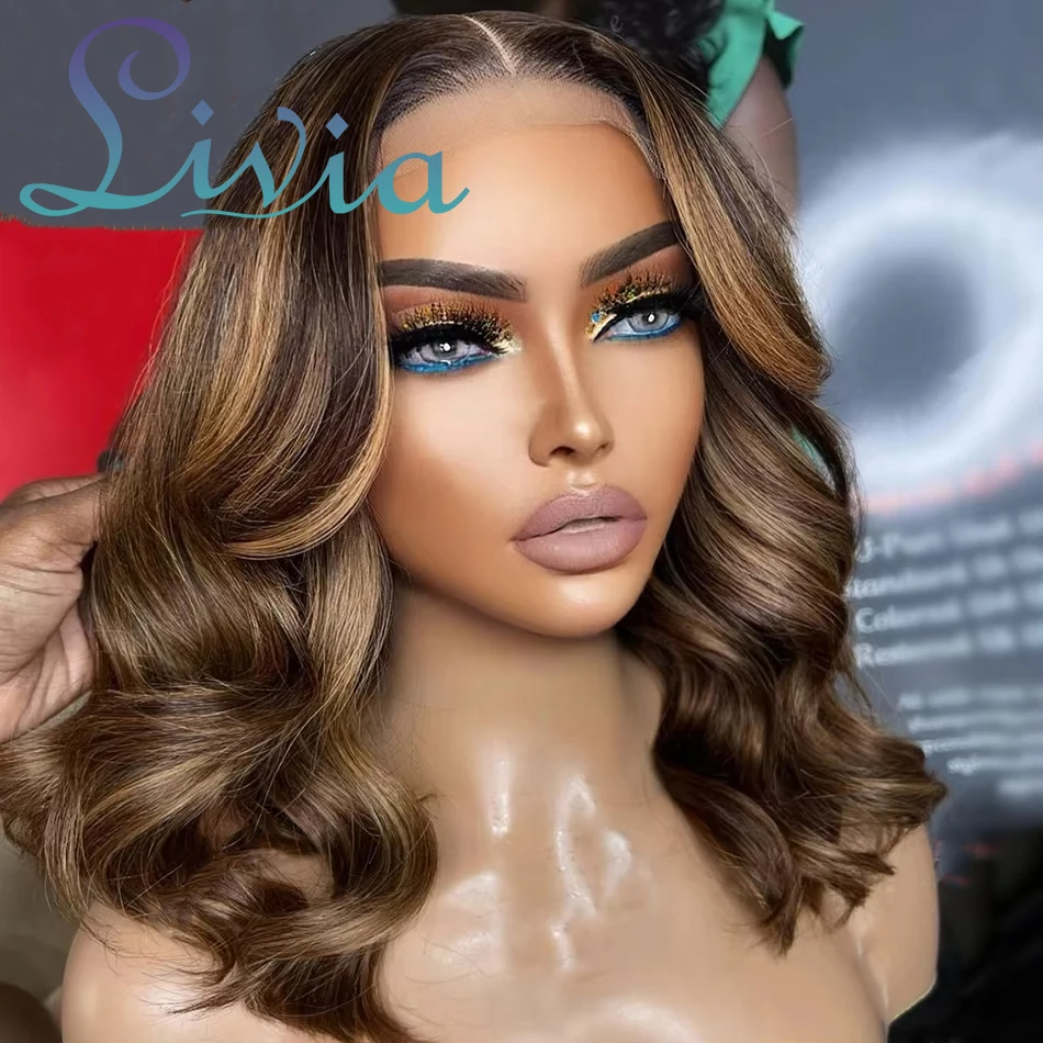 Honey Brown 4/27 Body Wave Bob Wigs Human Hair Ombre 13x4 Lace Frontal Wig Brazilian Hair 220% Density Highlight Short Bob Wig