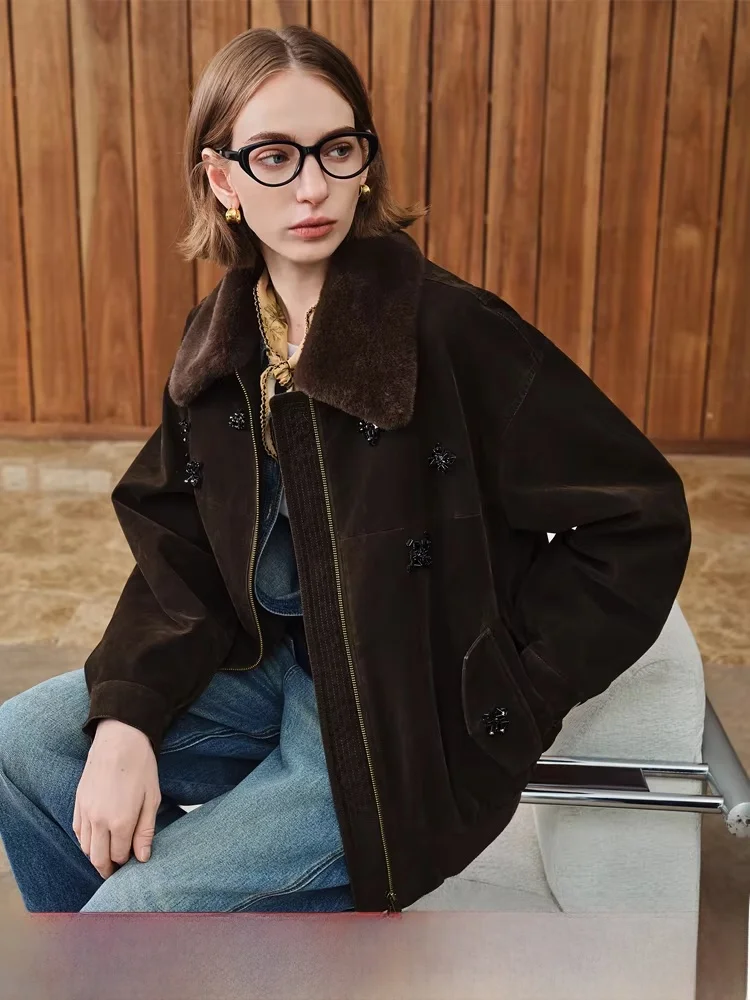 

Luxury Series Retro Bead Suede Jaet Women's Winter New Sle 2025 4036 Commute Sle Loose Fit Long Sve Zipper Closure