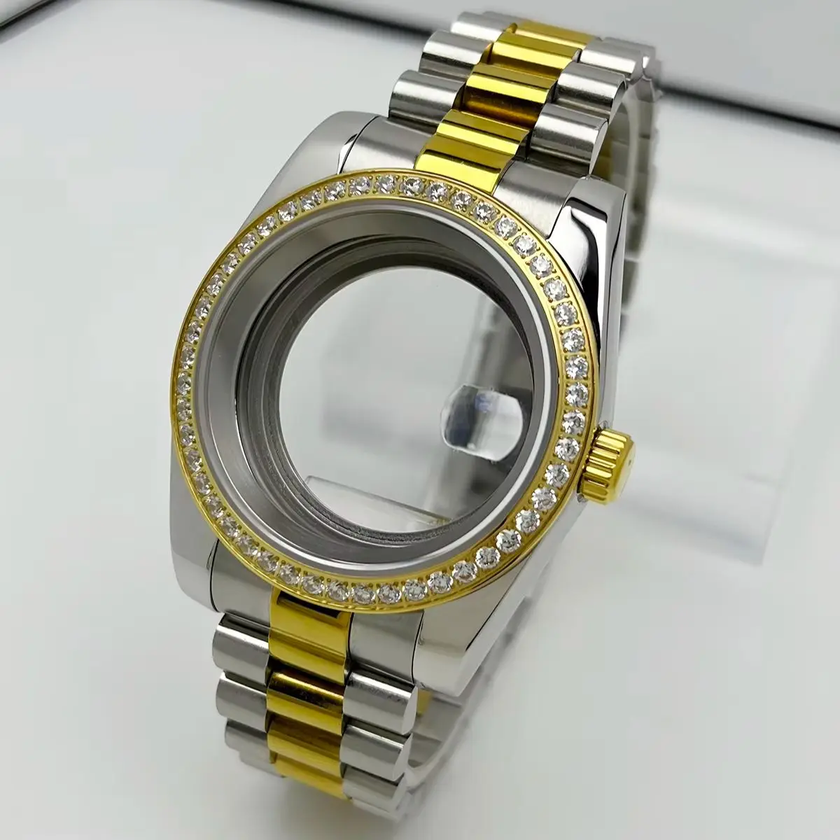 36mm/39mm Case 2T YG Gold Diamond Bezel DJ President Jubile Strap Sapphire Glass Mod For NH35 NH36 Movement Watch Case