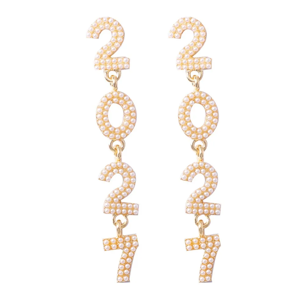 Fashion Pearl 2027 Digital Earrings Zircon Colorful Happy New Year Earrings Rhinestone Shiny Christmas Stud Earrings Daily