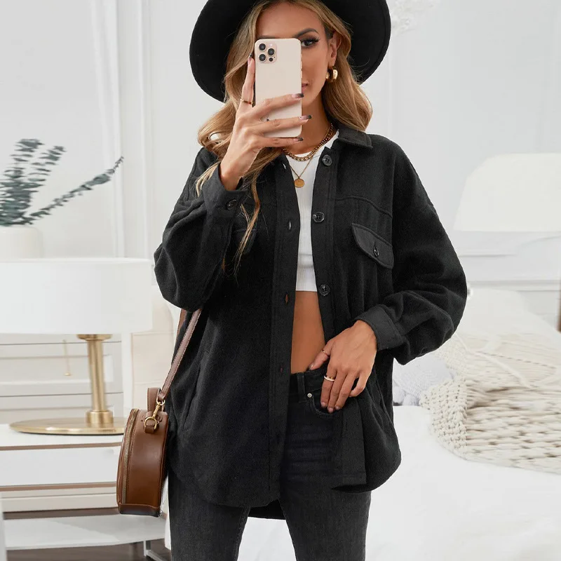 

Winter Women's Thickened Solid Color Shirt Jacket Casual Loose Cardigan Independent Station Style