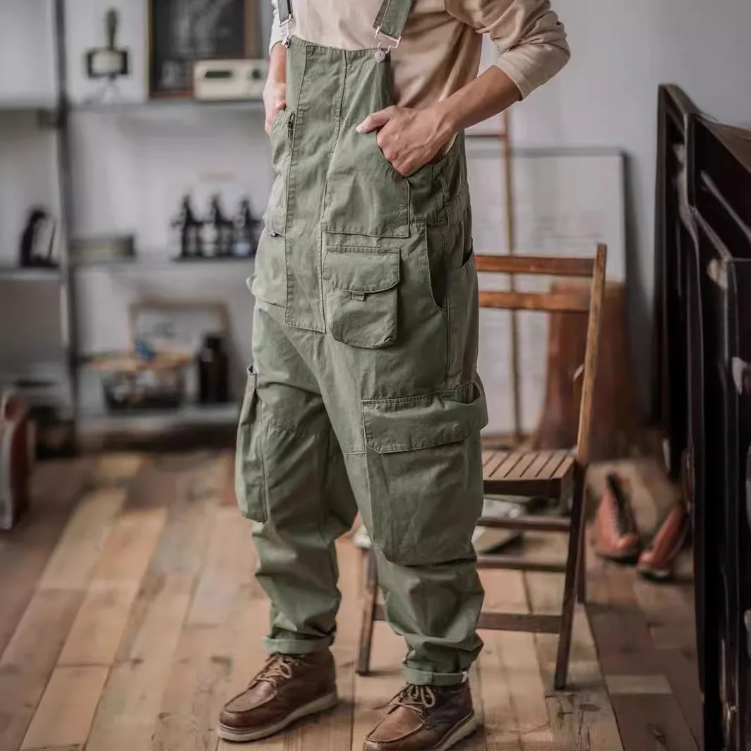 

Retro American Cotton Overalls Loose Washing Jumpsuit Men's Suspenders Four Seasons Full Length Baggy Pants
