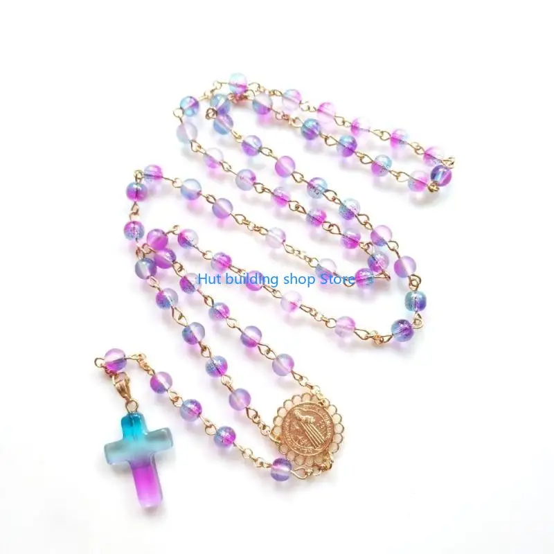 

T21C Colorful Glass Beads Rosary Catholic Necklace for Women Jewelry Pendant