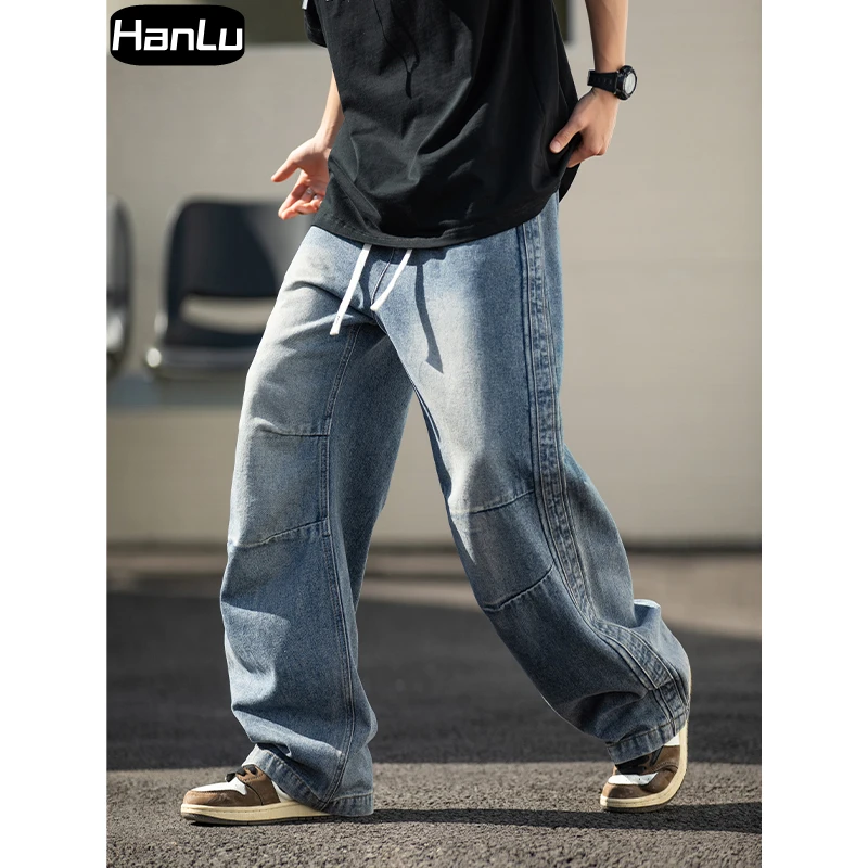 Men's Spring Vintage Washed Double pleated Jeans, Men's Loose Paratrooper Fashion Work Suit Pants Plus Size