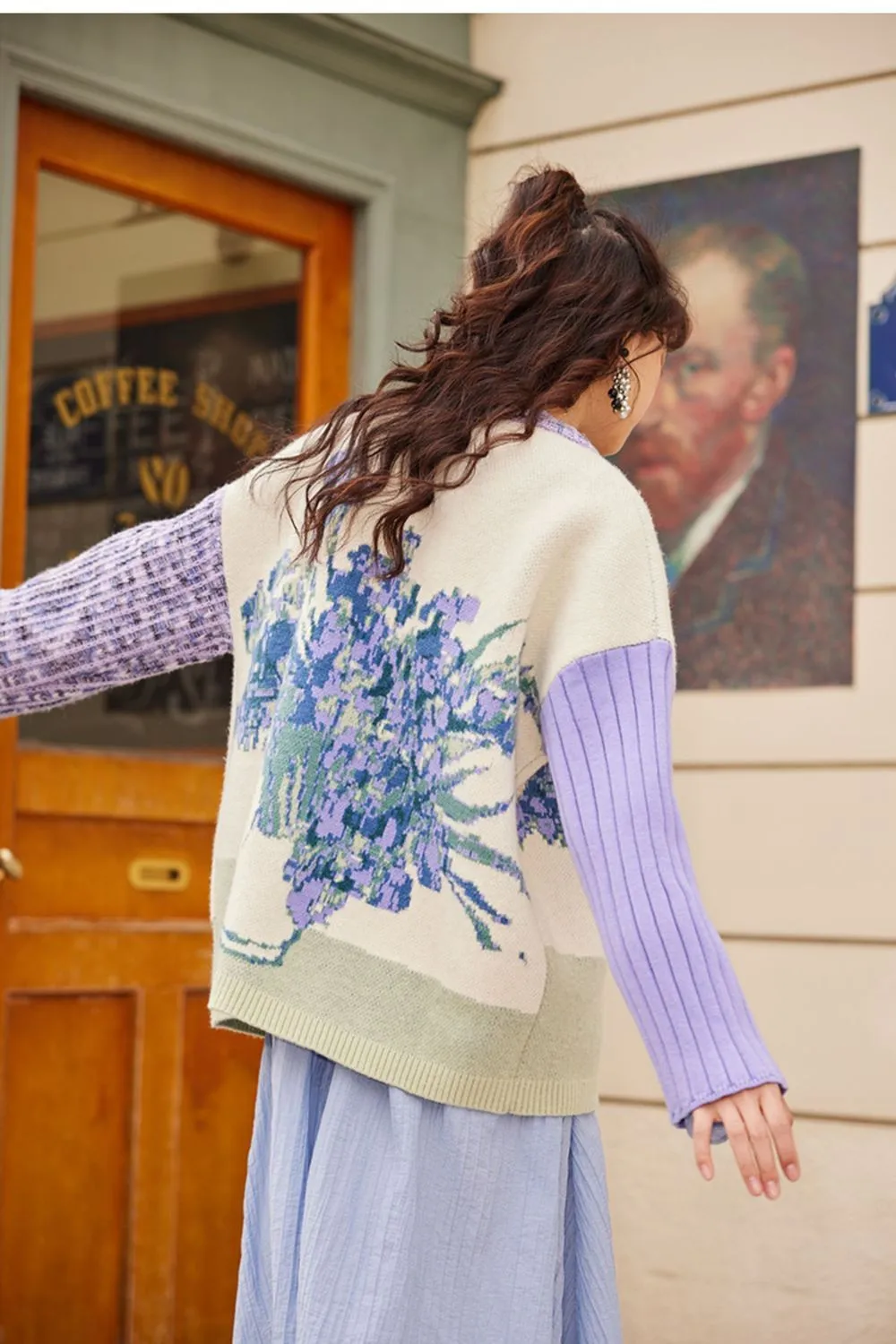 French Van Gogh Art Starry Night Flower Sea 2024 Spring New Oil Painting Pattern Diagonal Button Sweater Coat Women