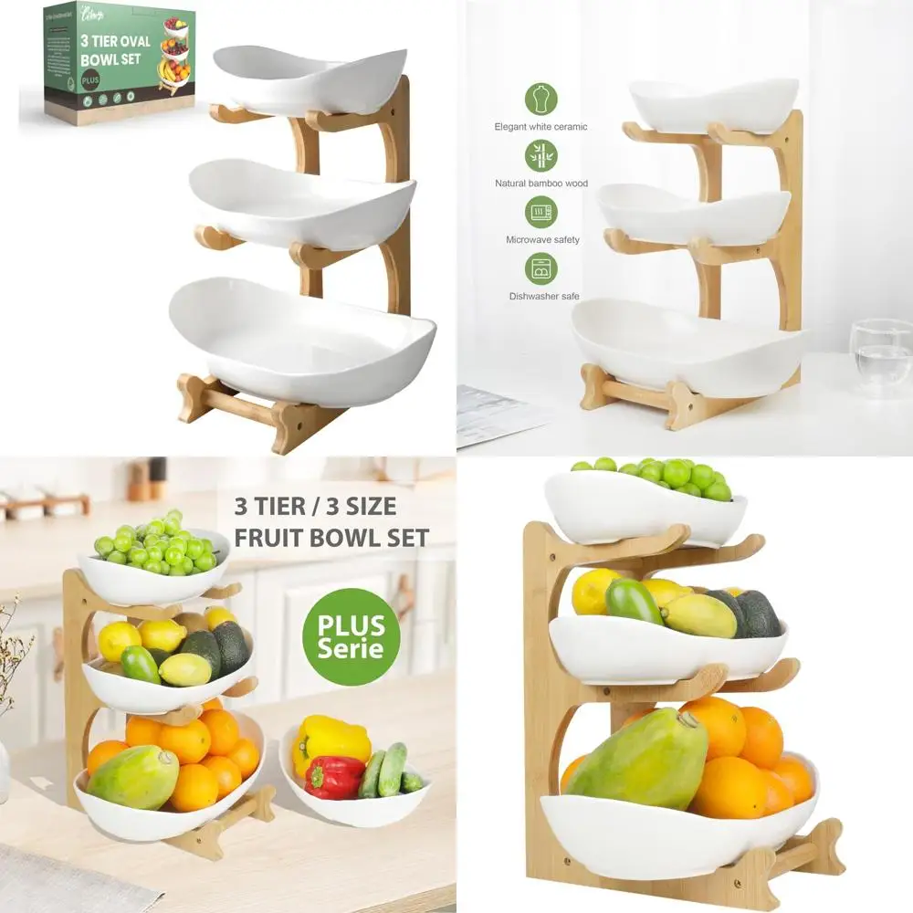 

Ceramic Tiered Fruit Bowl Set with Bamboo Stand - Large Size Kitchen Counter Serving Bowls for Fruits