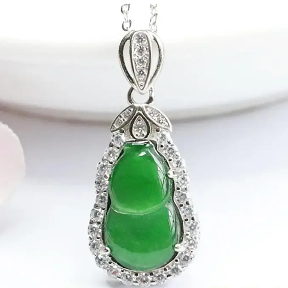 Burmese Jade Gourd Pendant Charm Necklaces Jadeite Amulets Jewelry Stone Necklace 925 Silver Green Luxury Choker Natural