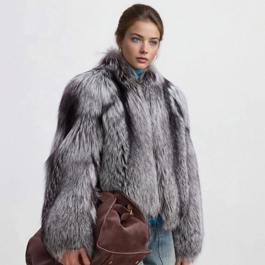 معطف فرو الثعلب الحقيقي للنساء معاطف فرو الثعلب الفضي الطبيعي بالكامل مع ياقة من الفرو الجلدي ملابس خارجية من الفرو الأصلي عالي الجودة