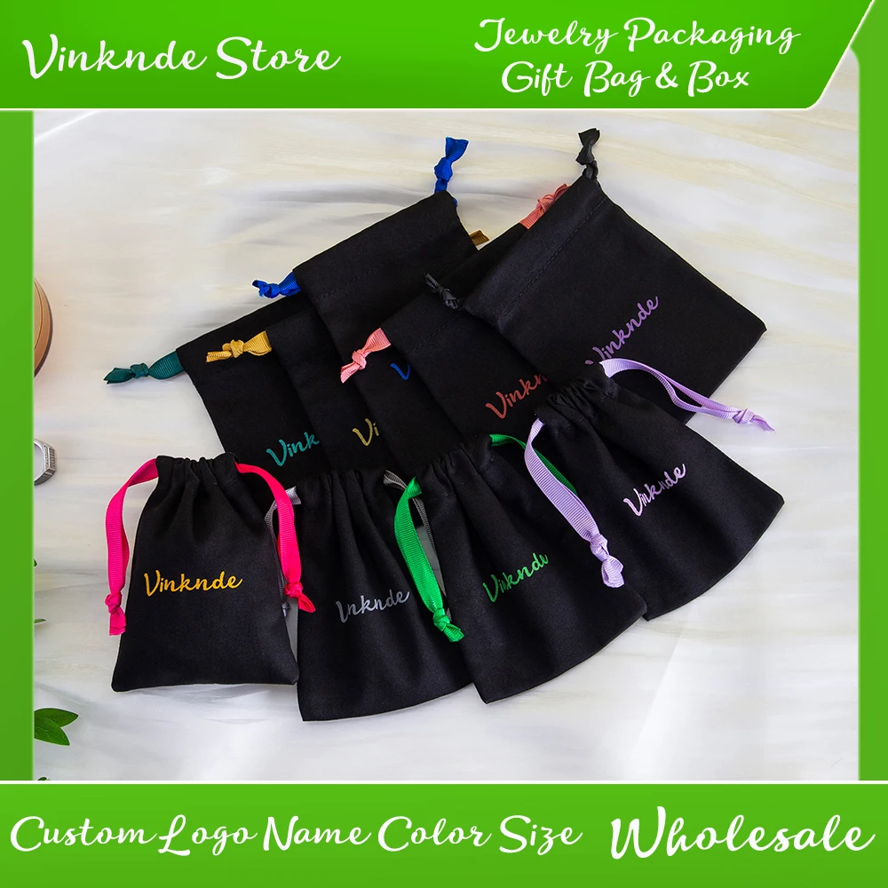 

100Pack Custom Logo Black Cotton Twill Jewelry Drawstring Bag Wedding Gift Candy Packaging Pouches Earrings Cosmetic Organizer