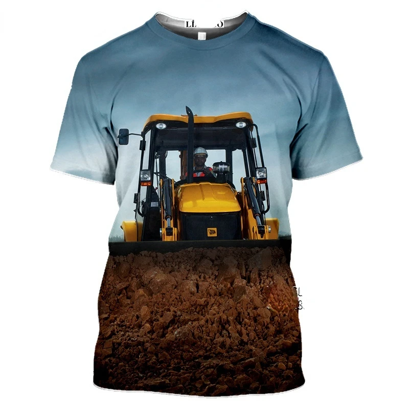 New Summer Men\'s T-shirt Excavator Tractor 3D Printed T-shirt Hip Hop Trend Casual Loose Harajuku O Collar Quick Dry Quality Top