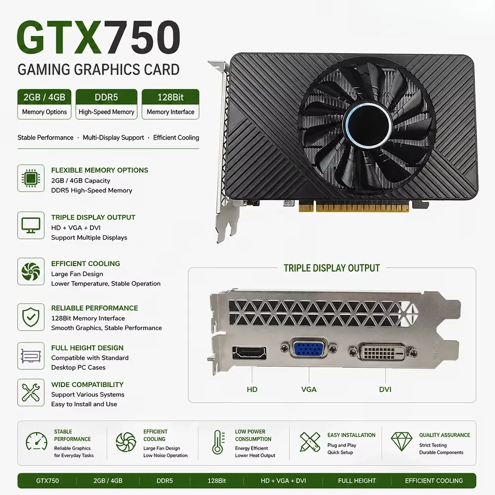 GTX 750 4GB GDDR5 128Bit Single-Fan PCIe 3.0 x16 DirectX 12 Graphics Card New OEM Wholesale for Desktop Computer