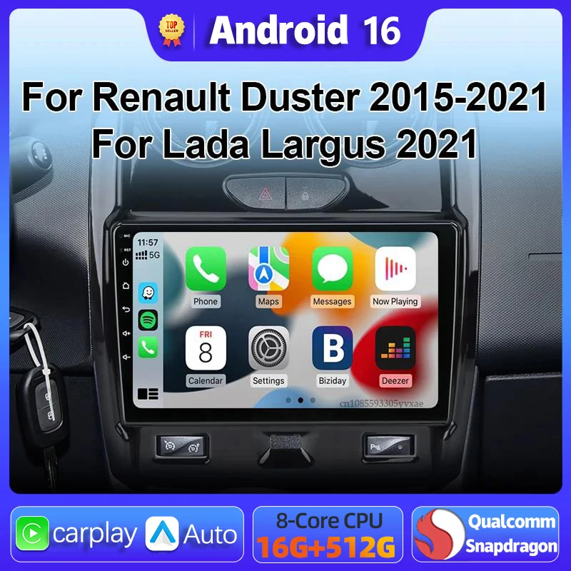 Rádio Multimídia Automotivo Android 16 Carplay para Renault Duster 2015-2021 e LADA Largus 2021 com Navegação, Vídeo, DVD e Autoradio Estéreo