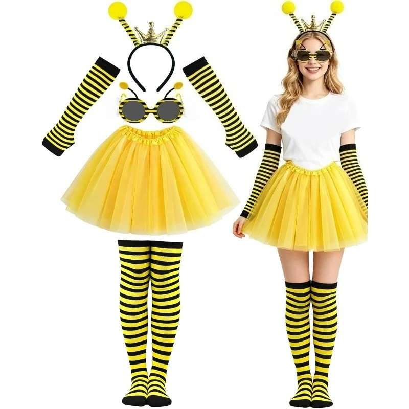 

5PCS Bee Costume,Bumblebee Costume Accessories with Tutu Skirt Antenna Headband Sunglasses Arm Warmers Thigh High Sock,Halloween